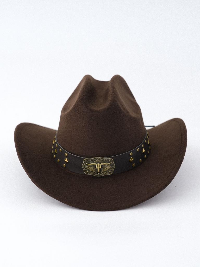 Brown felt western cowboy hat retro bull head rivet locomotive tough guy outdoor trendy man personalized wide brim hat