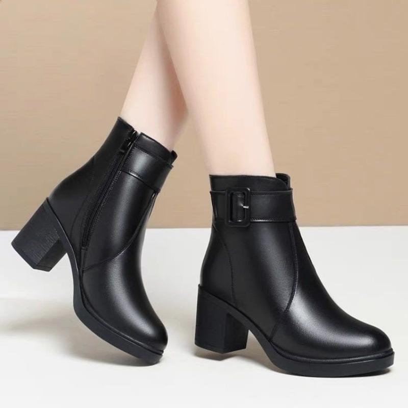 Krótkie Botki, Buty na Grubym Obcasie, Damskie Buty z Polaru, Buty na Średnim Obcasie dla Kobiet w Średnim Wieku, Bawełniane Buty z Miękkiej Skóry