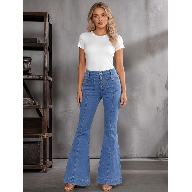 High-Waisted Slim-Fit Flared Jeans Women Stretch Denim Trousers With Button 2026 Style