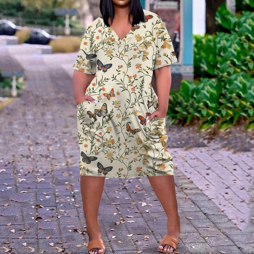 Summer Plus Size V Neck Short Sleeve Knee Pocket Print Casual Dress For Women