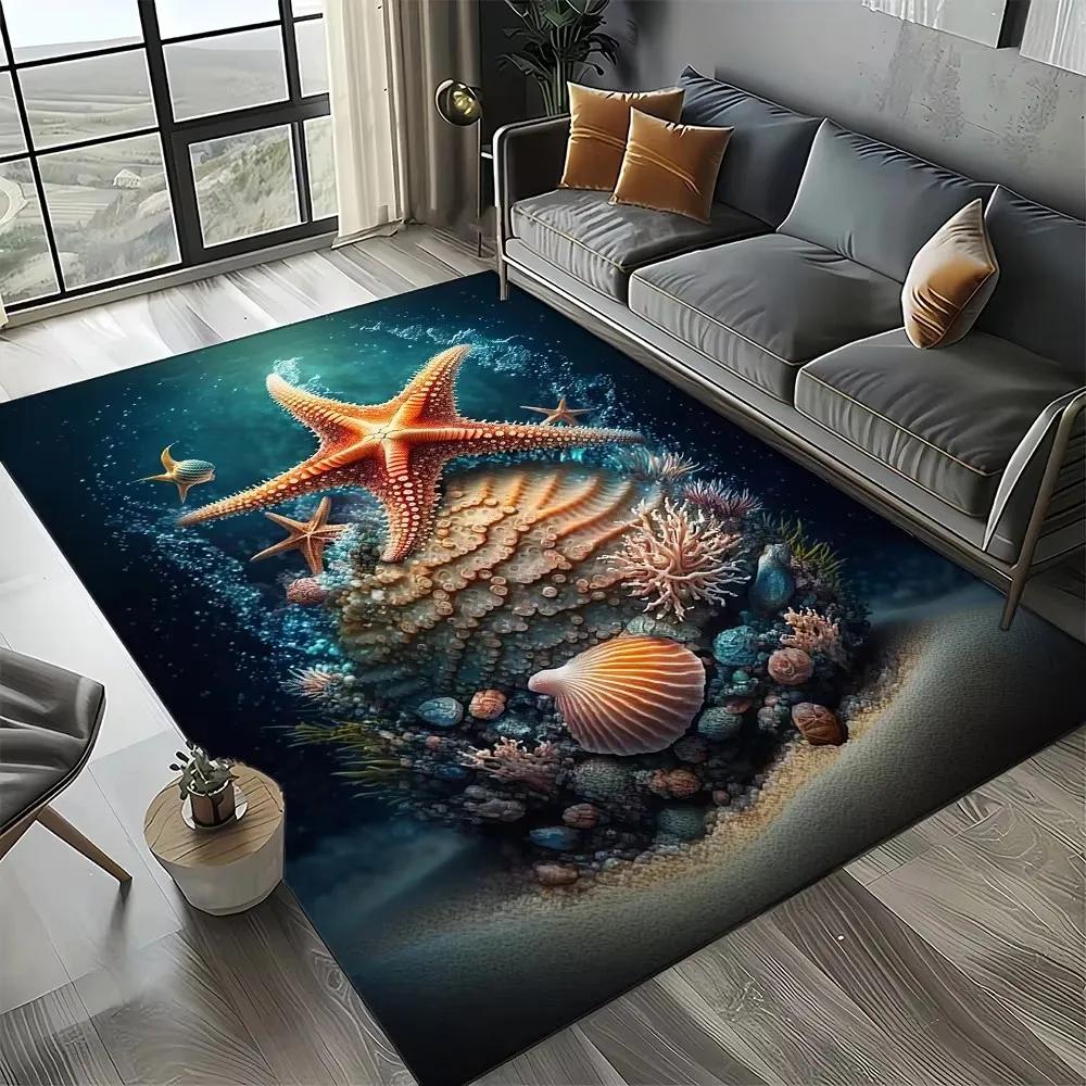 Starfish Beach Shell Sand Pattern Area Rug Coastal Ocean Carpet for Living Room Bedroom Kids Play Room Non-Slip Floor Mat