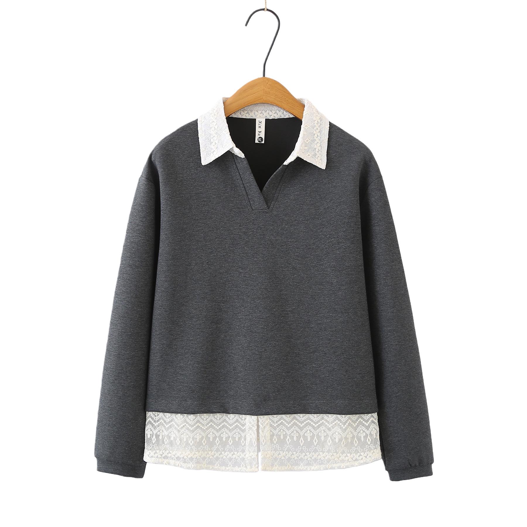 

Plus Size Women s Lace Lapel Sweatshirts - 2 Piece Casual Shirts for 2026 Spring Festival 3XL сірий колір