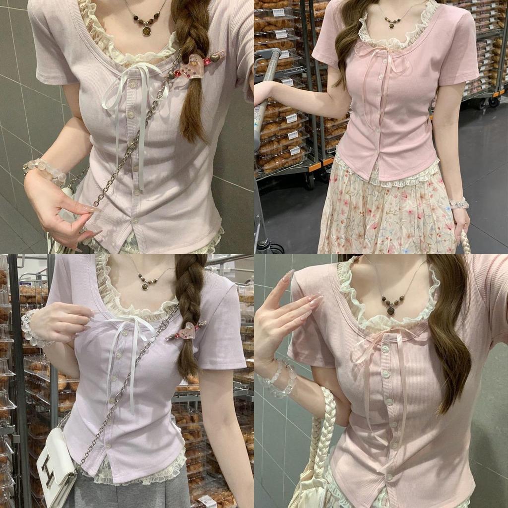 Plain Weave T Shirt With Lace Embroidery For Summer Casuals