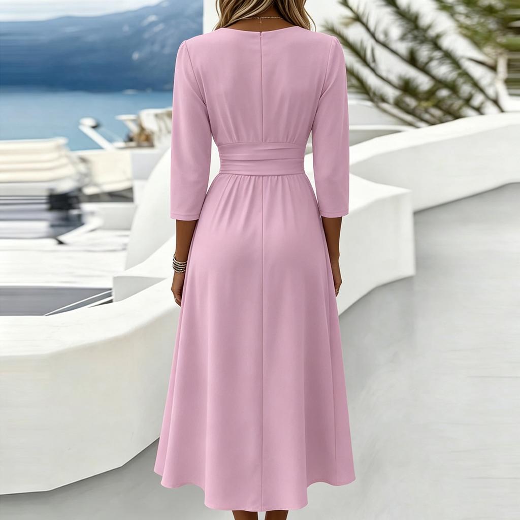 Women V Neck 34 Sleeve Midi Dress Solid Casual Loose Fit Waist Pleated A Line Elegant Office Wear Simple Style