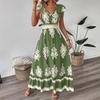Women's Summer Ruffled Sleeves V-neck Waist-hugging Long Dress