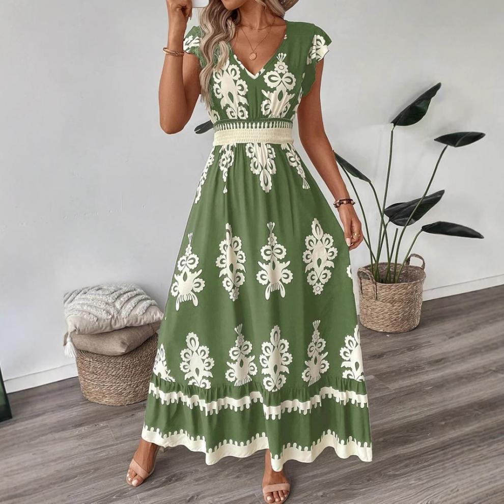 

Women s dress summer ruffled sleeves V-neck waist-hugging long dress L