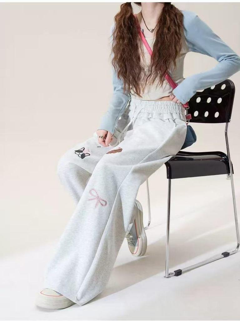 Princess Style Cartoon Embroidered Wide-Leg Drawstring Pants for Women
