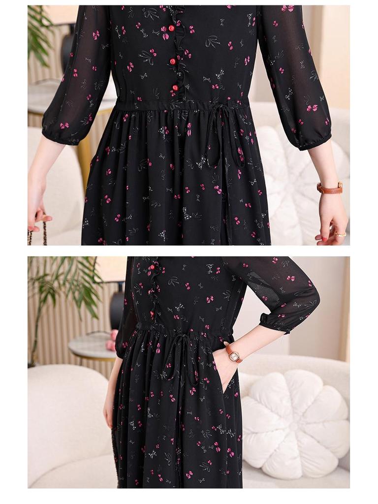 Floral Print Tie-Up Dress with Ruffle Lace for Mid-Age Moms - Long Sleeve, Over-the-Knee, Age-Reducing Design