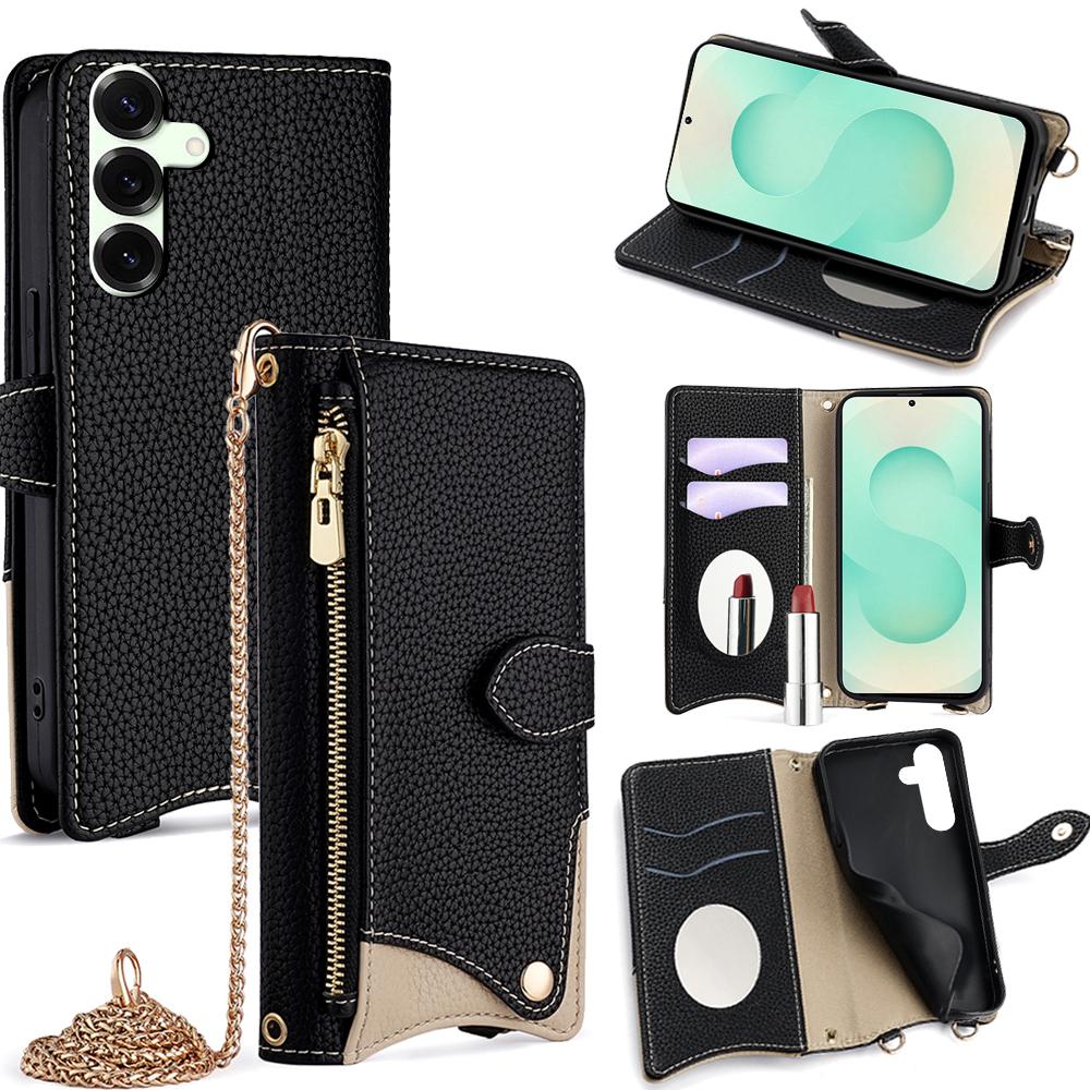 

For Samsung Galaxy S25+ Wallet Case Fishtail Design Leather Phone Cover with Mirror/Stand/Strap Black