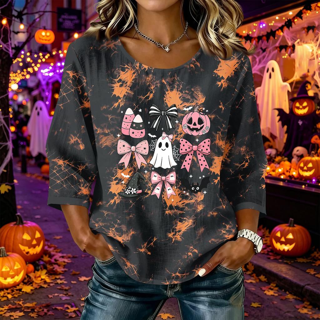Women's Casual Halloween Print Three-Quarter Sleeve Round Neck Cotton Linen Blouse