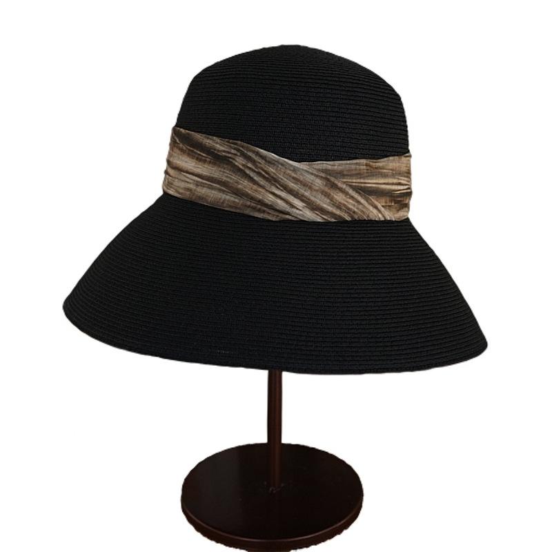 French Retro Black Hepburn Bell-Shaped Large Brim Basin Hat Women'S Summer Vacation Beach Sunshade Sun Protection Japanese Straw Hat