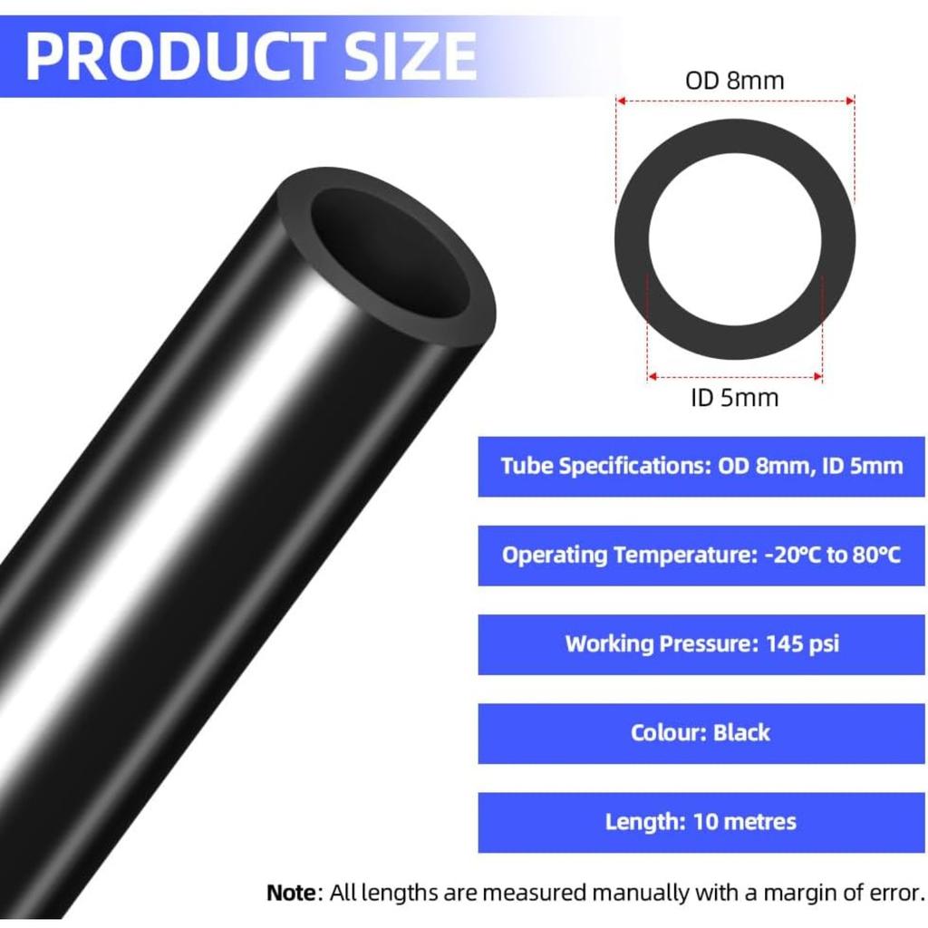 Polyurethane PU Air Hose Pipe Tube Kit, 10m(32.8ft) Length, 5mm ID * 8mm OD, High Performance Durable Pneumatic Air Tubing, Air Hose Kit with 14