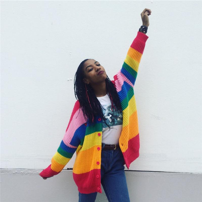 Women's Sweater Autumn Winter New Letter Loose Plus Size Knitted Cardigan Rainbow Women's Clothing