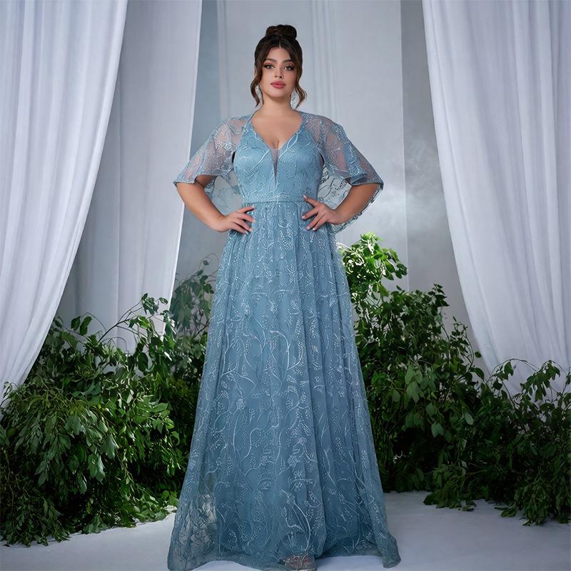 

Elegant Blue Deep V-Neck Swing Dress - Long Skirt 5XL синій