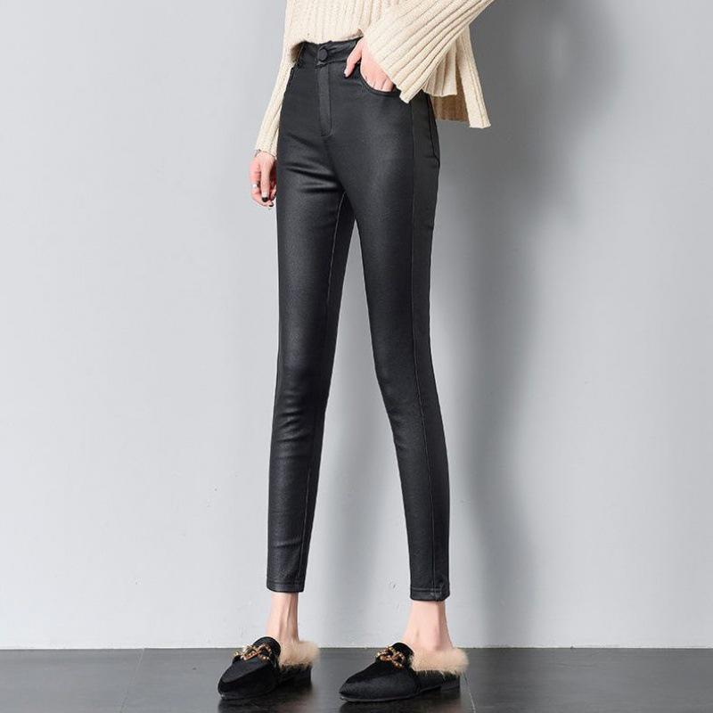 Women s High-Waisted Leather Pants with Fleece for Autumn/Winter 2021 - Matte, Skinny, Long Base Layer S