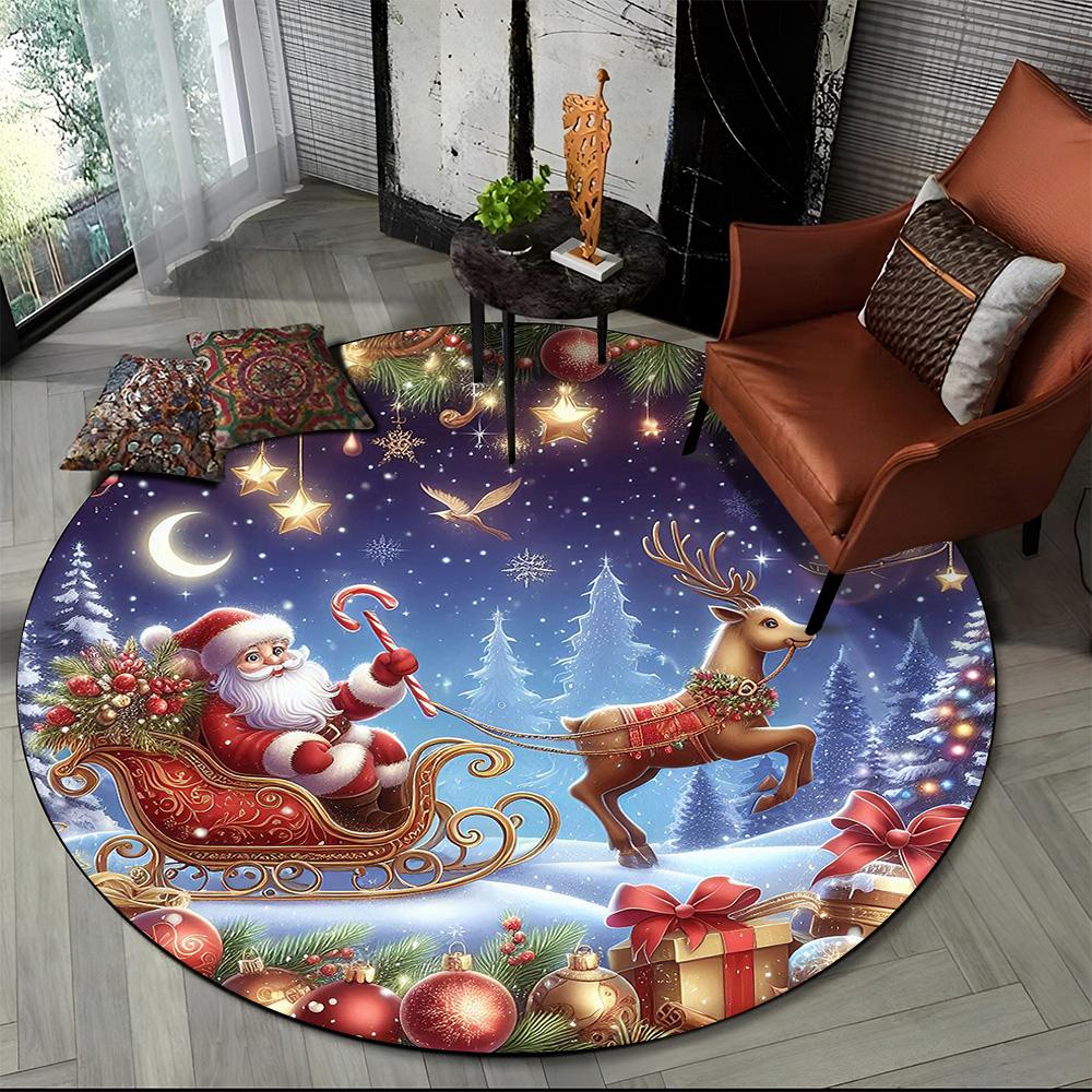 Merry Christmas Cartoon Santa Claus Snowman New Year Round Carpet Rug for Bedroom Living Room Sofa Decoration,Decor Floor Mat