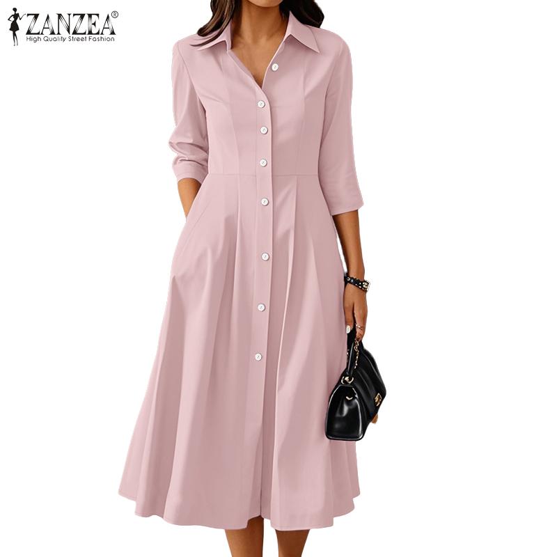 ZANZEA Womens Casual Turn Down Collar Loose 3/4 Sleeve Midi Dres