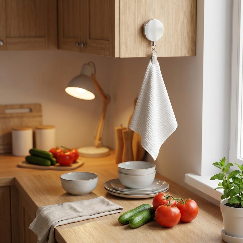 Multi-Functional Metal Retractable Clip Kitchen Towel Holder Auto-Retractable Hook No Drilling Bathroom Towel Hanger with Stretchable Cord
