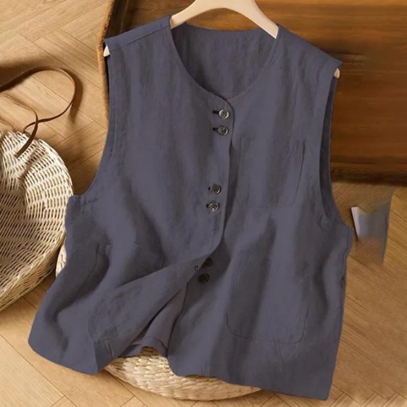 Gilet Casual da Donna in Lino Grigio Chiaro Girocollo Asimmetrico Bottoni Smanicato •