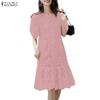 ZANZEA Women Casual Round Neck Lace Patchwork Short Sleeve Dress