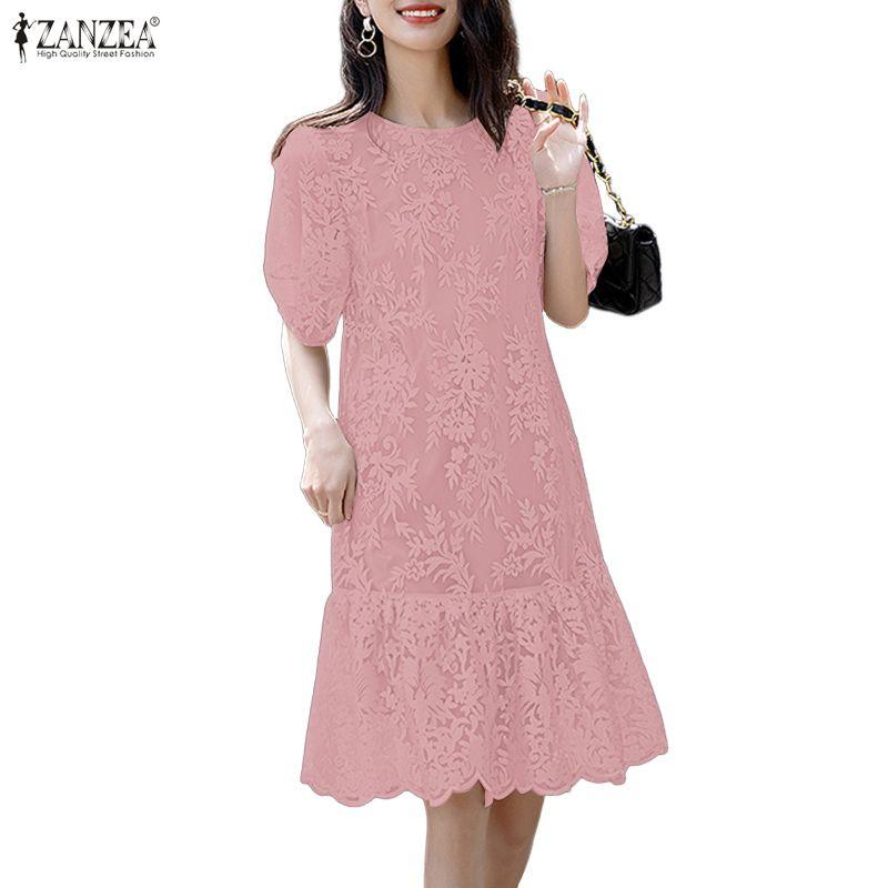 ZANZEA Women Casual Round Neck Lace Patchwork Short Sleeve Dress