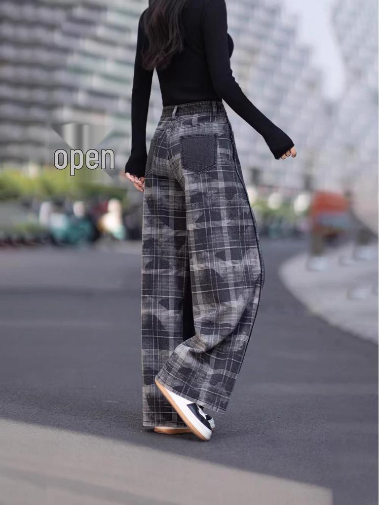 High-Waist Retro Plaid Patchwork Jeans: Loose, Slimming, and Versatile Wide-Leg Pants for Autumn/Winter