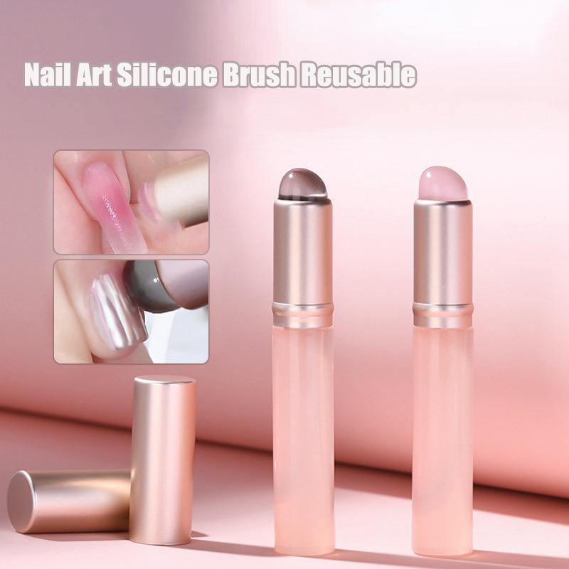 Jelly Pink Nail Art Silicone Brush Reusable Mirror Powder Pigment Applying Manicure Tool Soft Q-elastic Smudge Nail Brush Stick