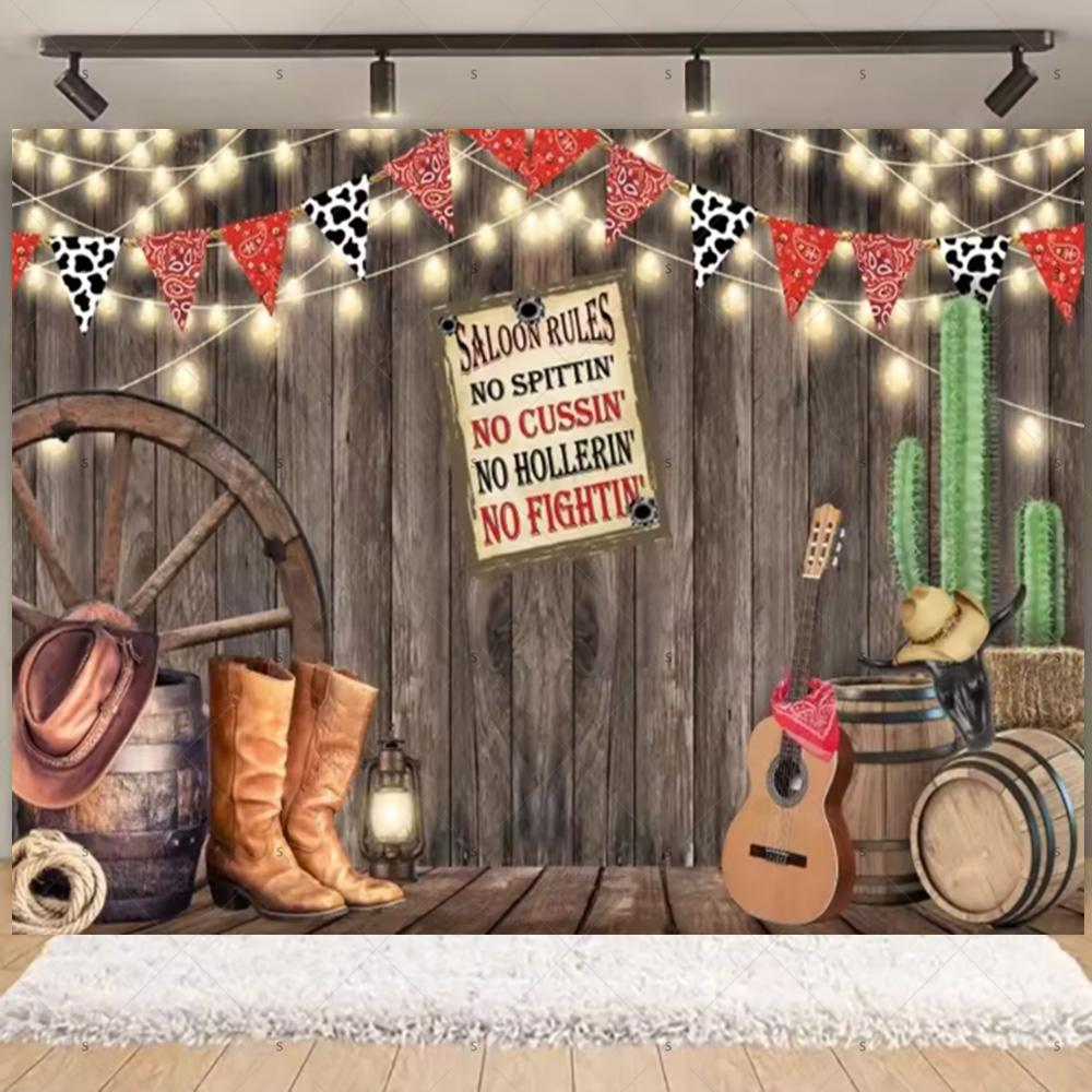 Western Cowboy Photography Backdrop Rustic Farm Barn Haystack Wood House Horse Wheel Background Party Decor Photo Shoot Props
