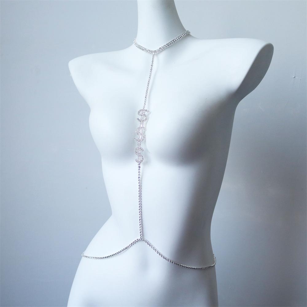 Euro-American Dollar Symbol Rhinestone Chest Chain Euro-American Bikini Sexy Body Chain Women'S Jewelry Body Chain