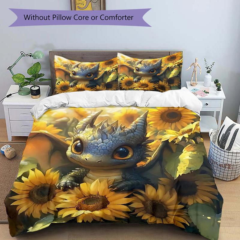 

3pcs Dragon with Sunflowers Comforter Set - Includes One Quilt Cover and Two Pillowcases (No Core) - Anime Cartoon Design, Polyester Fabric, Home Deco 135x200cm