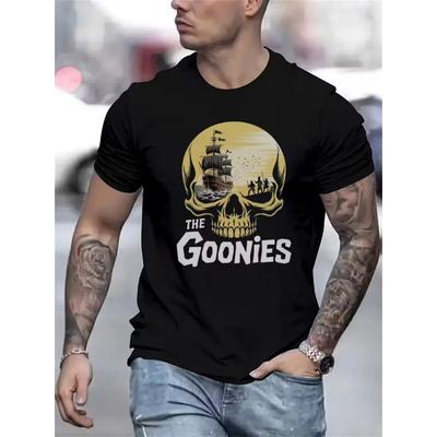European Sizes Men's & Women's T-Shirt - The Goonies Movie-Inspired Iconic Logo Print, Black & White Skull & Pirate Ship Design