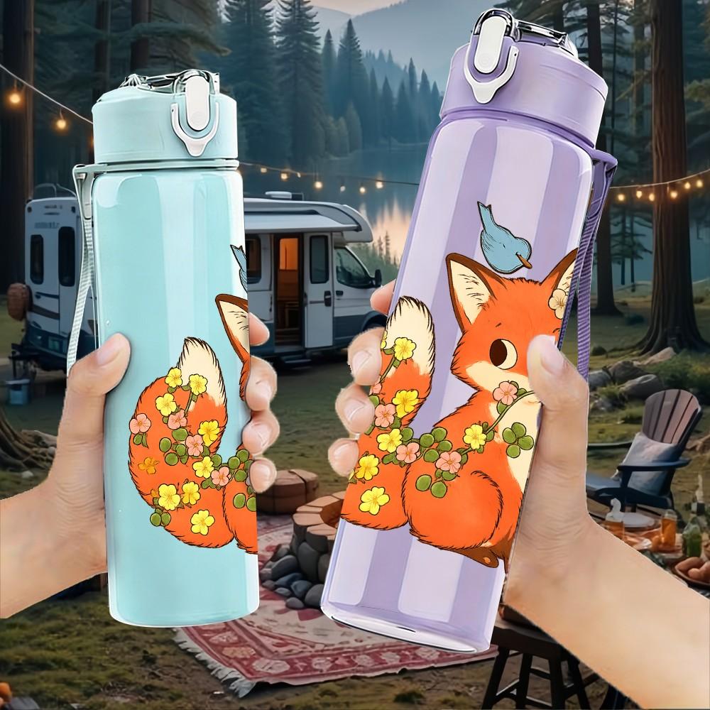 1PC Floral Autumn Fox Art 750ml Color Plastic Sports Water Bottle Leakproof Flip Straw Lid Suitable for Sports Office Home Use