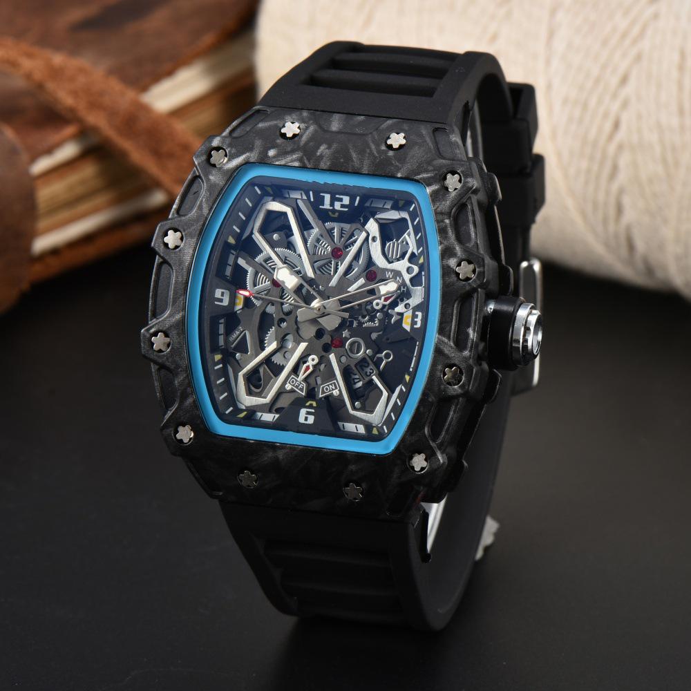 Vibrant Wine Barrel Shape Quartz Watch with Carbon Fiber Hollow Design for Men