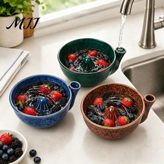 All In One Washing And Draining Bowl Ceramic Berry Swirl Bowl, Self Spinning Fruit Vegetable Cleaner with Healthy Kitchen Essentials for Produce