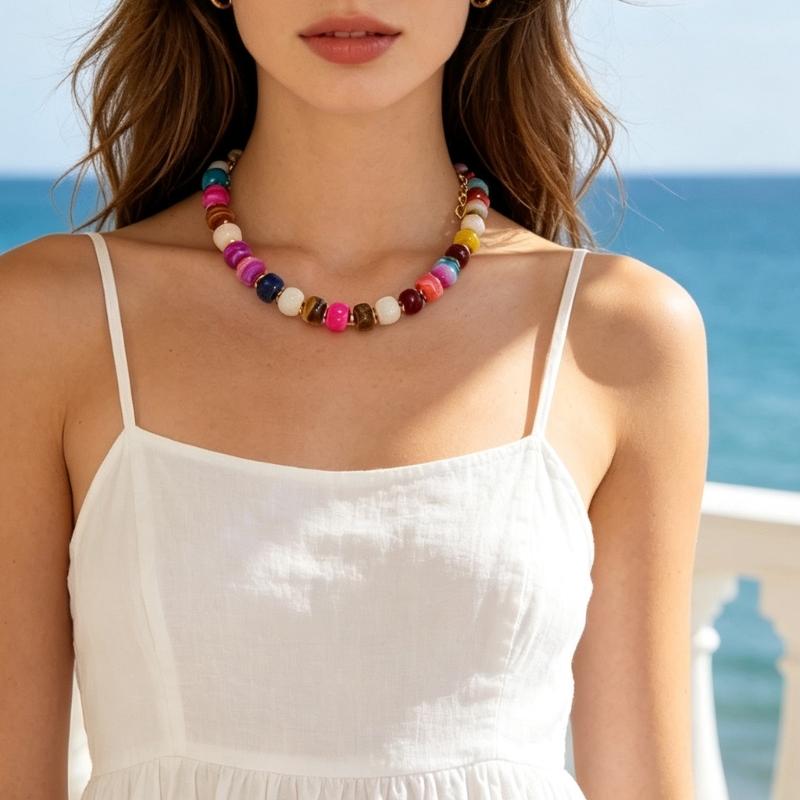 Adjustable Collarbone Necklace with Bold Rounded Resin Beads, Lobster Clasp, Extension Chain and Gold-Tone Spacers