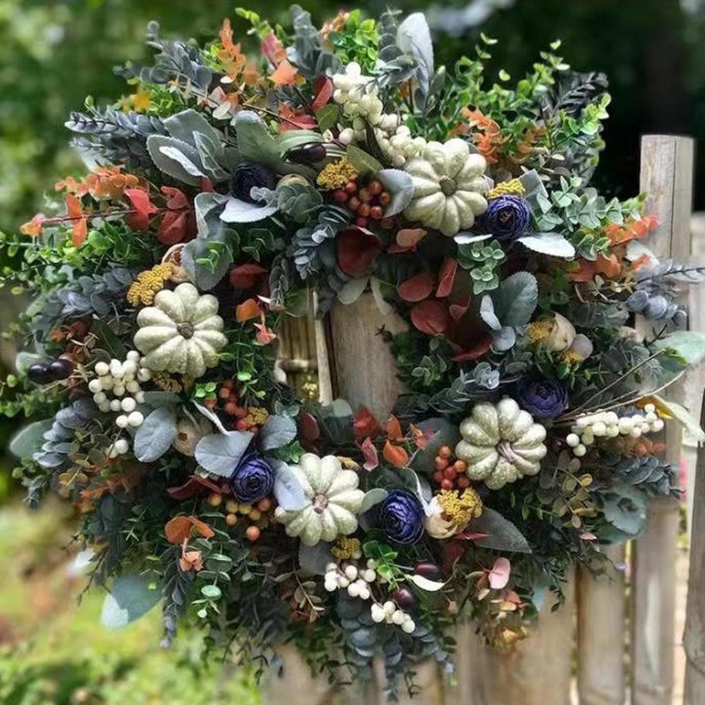 Fall Wreaths White Pumpkin Leaves Front Door Wreath Rustic Decor Sign Decorations For Porch Thanksgiving Fireplace Patio