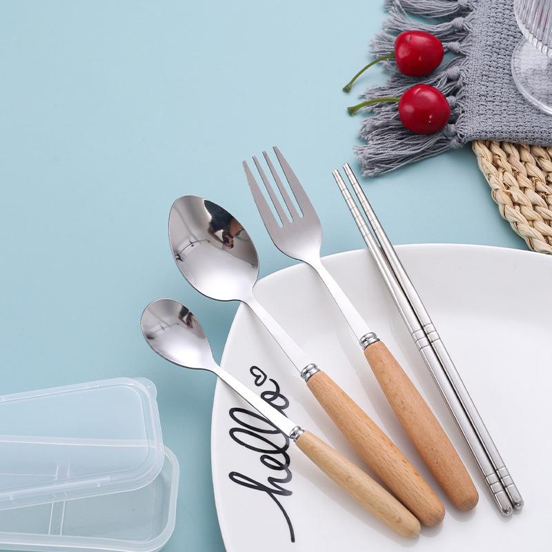 Wooden-Handled Cutlery Set Stainless Steel Spoon Fork And Chopsticks Set Three-Piece Cutlery Box Set