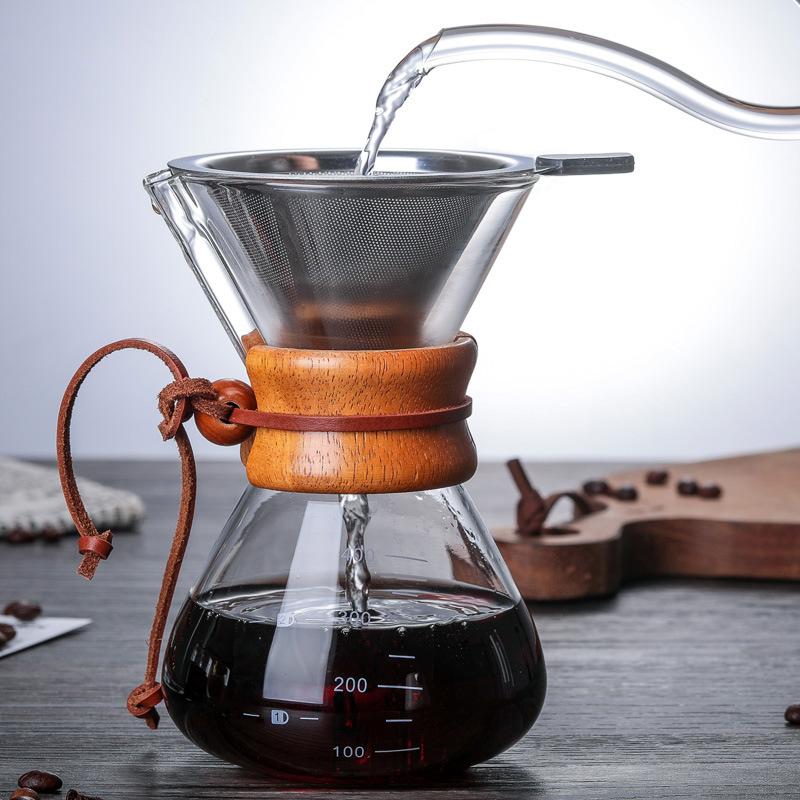 Heat-resistant glass coffee pot, coffee sharing pot, wooden handle hand-brewed pot, borosilicate glass pot.