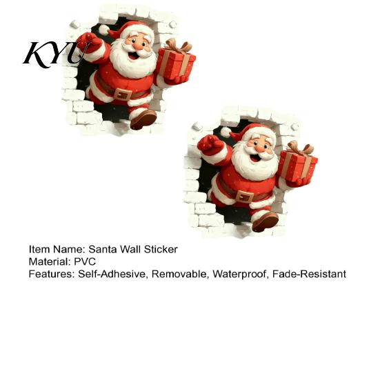 Decorative Window Film Christmas Santa Wall Stickers, 3D Claus Reindeer Break-Through Self-Adhesive Seasonal Decor Decal, Removable Stickers