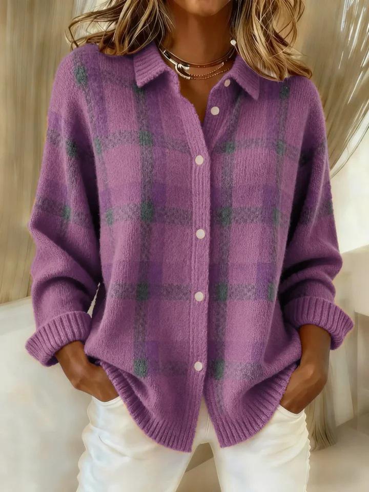Women's Casual Plaid Long Sleeve Lapel Shirt Sweater Cardigan