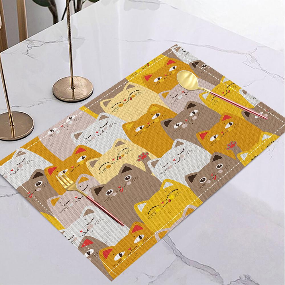 

Cute Cats Print Print Placemats Linen Kitchen Dining Table Decor Accessories Heat Resistant Linen Tableware Pads Mats 4PC-30X45cm
