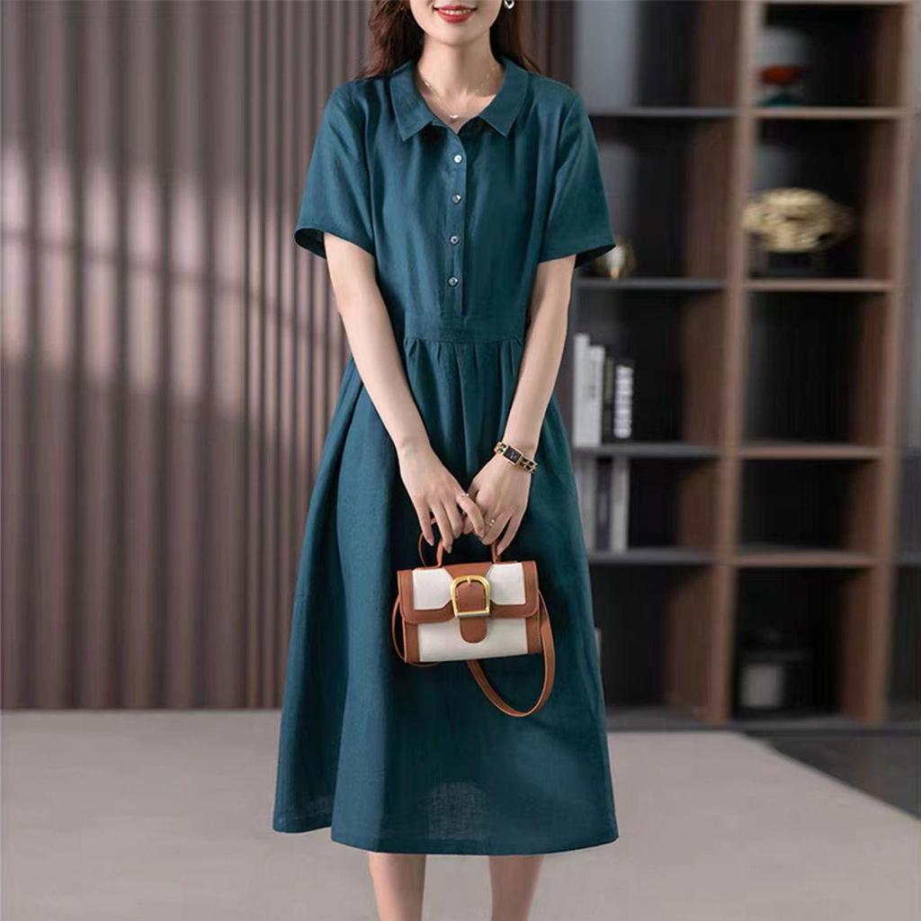 Solid Color Cotton Linen Lapel Shirt Dress - Women's Slimming Short Sleeve, Mother's Style, 2026 Fashion.