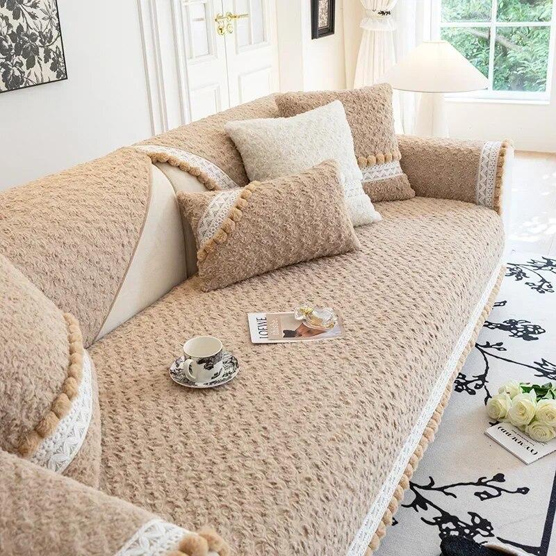 Cream Style Plush Sofa Mat Four Seasons Universal Anti Slip Seat Cushion Fur Ball Edge Autumn  Winter Leather Sofa Cover