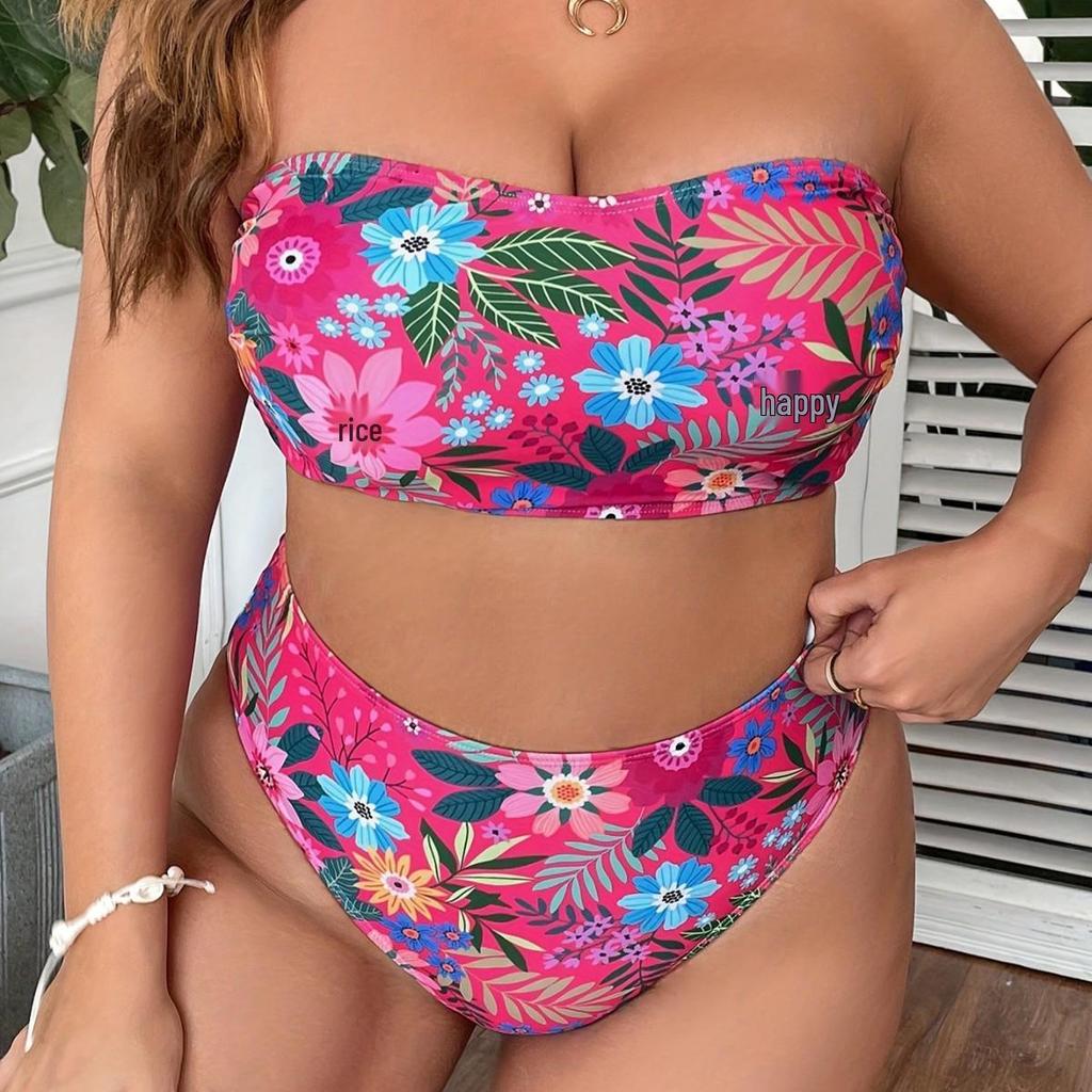 2024 Plus Size High Waist Bandeau Swimsuit - European & American Print