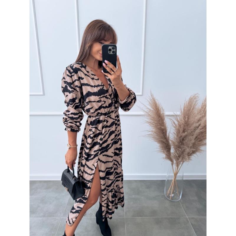 

Женские осенние и зимние новые V-образные вырезы с мелкими сломанными цветами сексуальные длинные платья M хаки