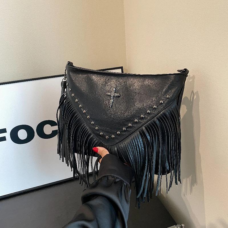 Fashi Vintage Leder Crossbody Tasche, Boho Stil Schultertasche, Quaste Niete Kreuz Dekor Quadratische Geldbörse Lässige Umhängetasche