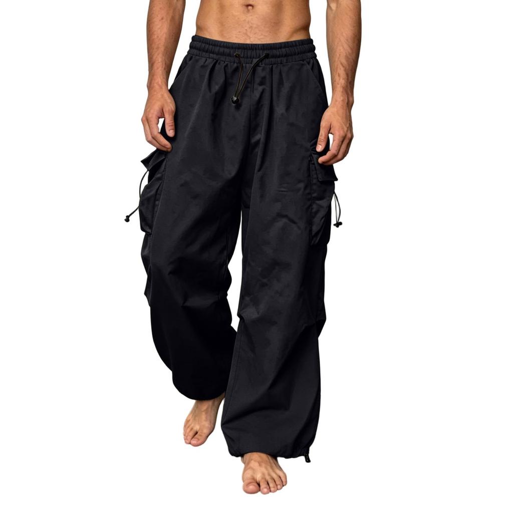 Men's Loose Fit Casual Cargo Pants Elastic Waistband Drawstring Adjustable Hem Multi Pocket Utility Trousers for Everyday Wear