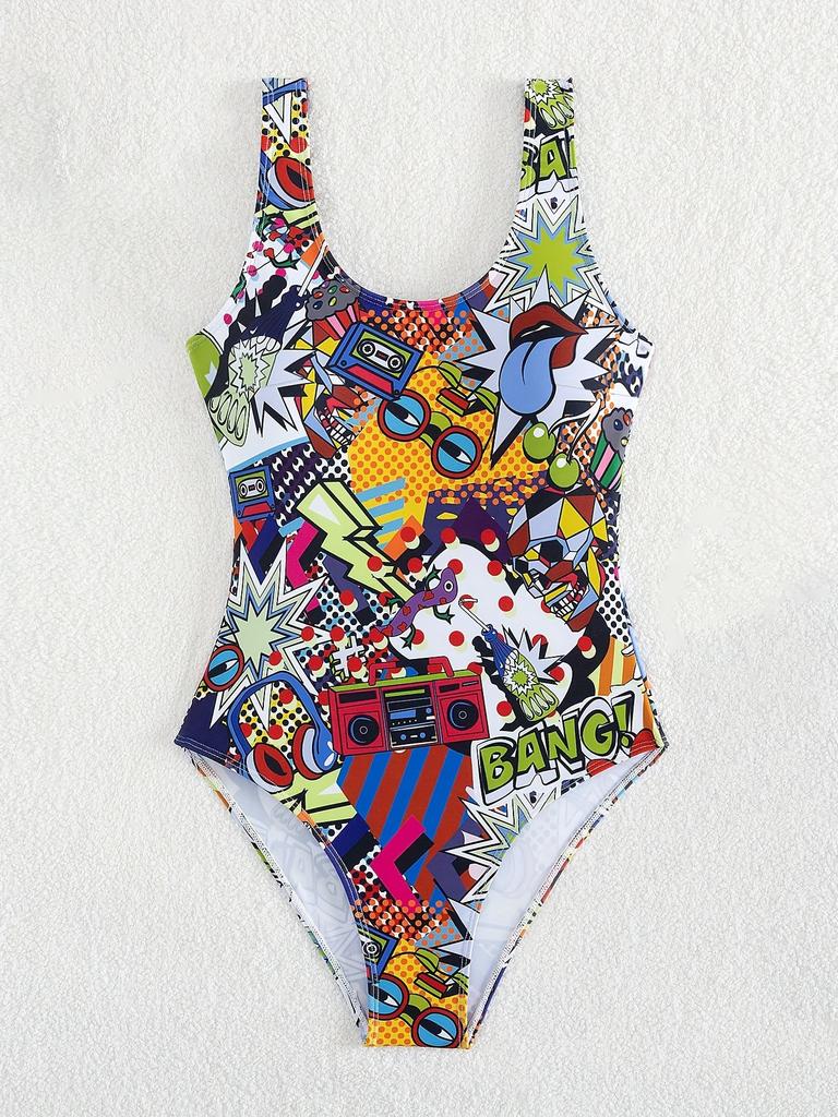 Modischer Cartoon-Print Hohe Taille Bauchkontrolle Spezieller Stil Bikini Badeanzug Für Damen