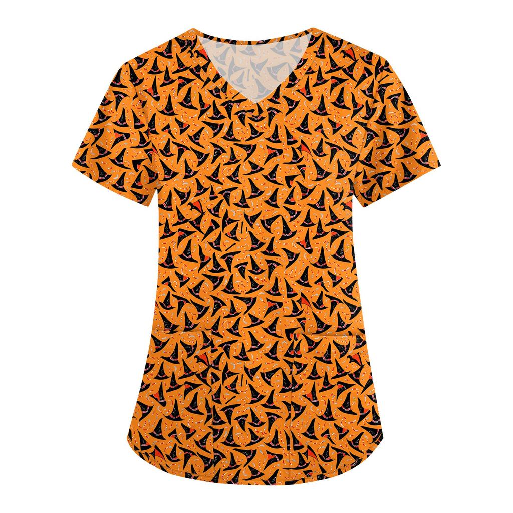 Women's Halloween Printed Loose V-Neck Pocket Short SleevUniform Uniform