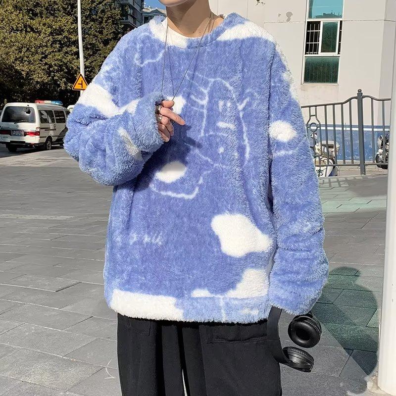 

Мужской теплый свитер с круглым вырезом, плюшевый топ с длинными рукавами ярких цветов XS